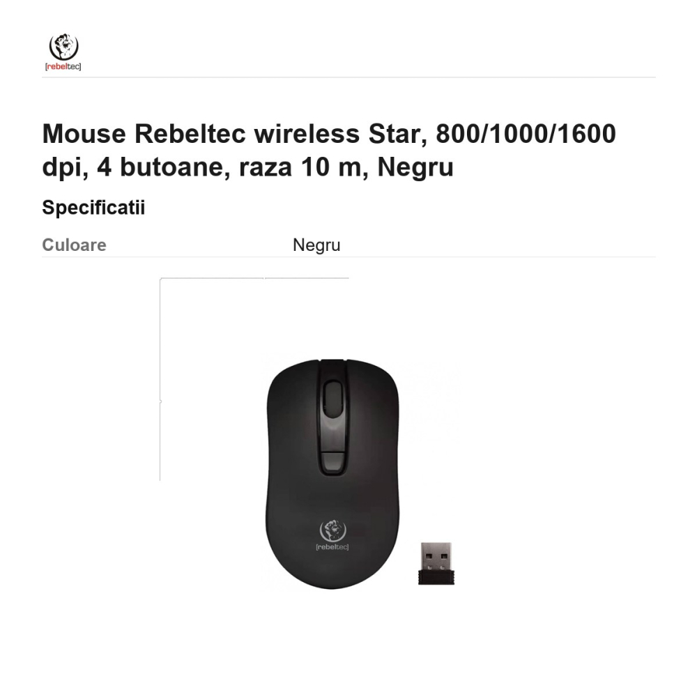 Mouse Rebeltec wireless Star, 800/1000/1600 dpi, 4 butoane, raza 10 m, Negru [3]