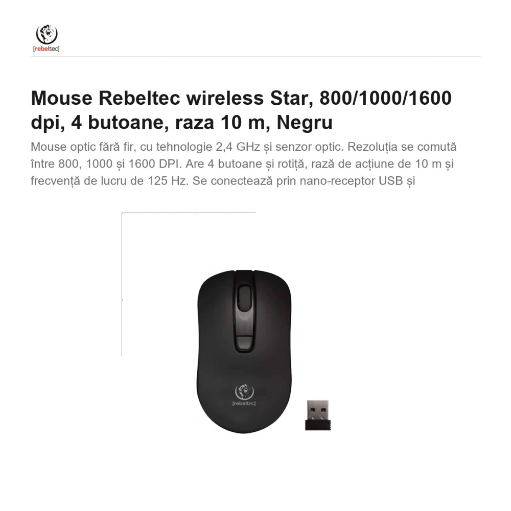 Mouse Rebeltec wireless Star, 800/1000/1600 dpi, 4 butoane, raza 10 m, Negru [2]