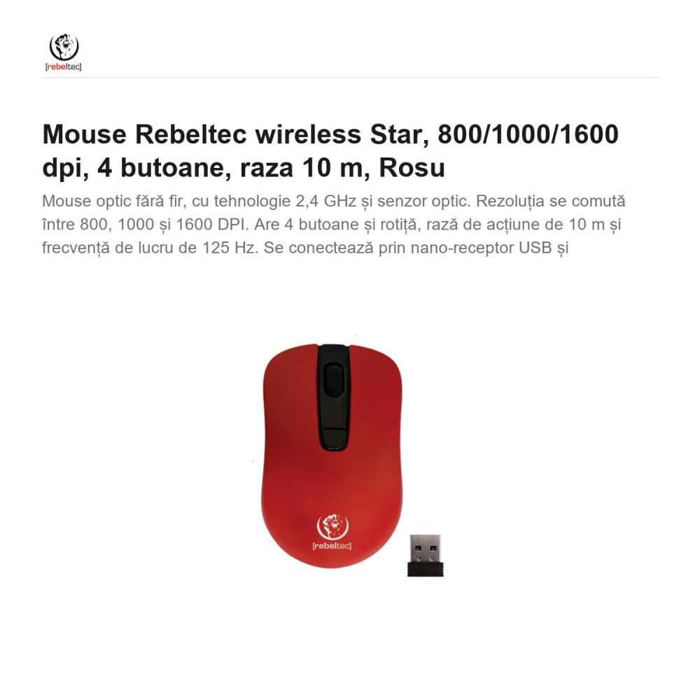 Mouse Rebeltec wireless Star, 800/1000/1600 dpi, 4 butoane, raza 10 m, Rosu [2]