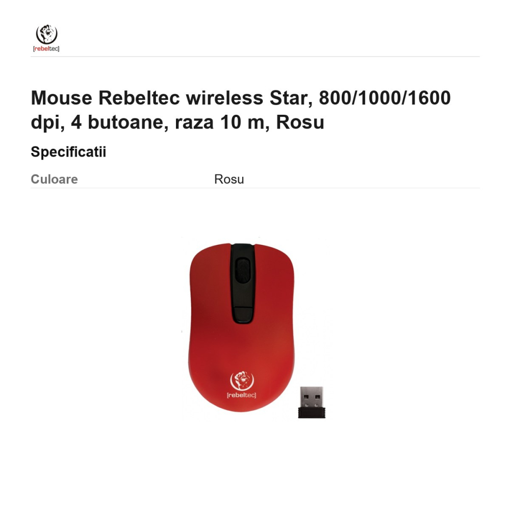 Mouse Rebeltec wireless Star, 800/1000/1600 dpi, 4 butoane, raza 10 m, Rosu [3]