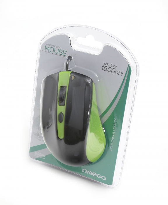 Mouse USB, Omega 41788 OM-05 3D, 800 - 1600 dpi, 105x67x38mm, cablu 110 cm, negru cu verde [2]