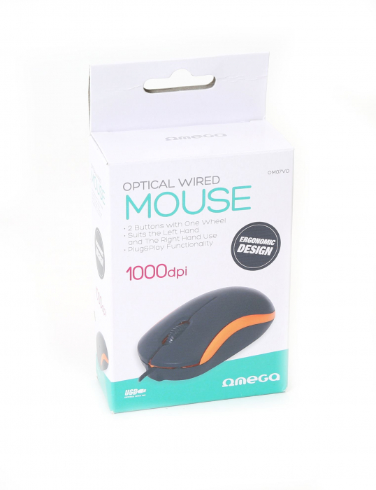 Mouse USB, Omega 43184 OM-07V, 1000 DPI, 95x54x34mm, cablu 108cm , negru cu portocaliu [2]