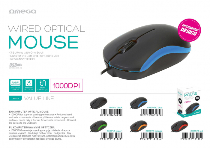 Mouse USB, Omega 43184 OM-07V, 1000 DPI, 95x54x34mm, cablu 108cm , negru cu portocaliu [4]