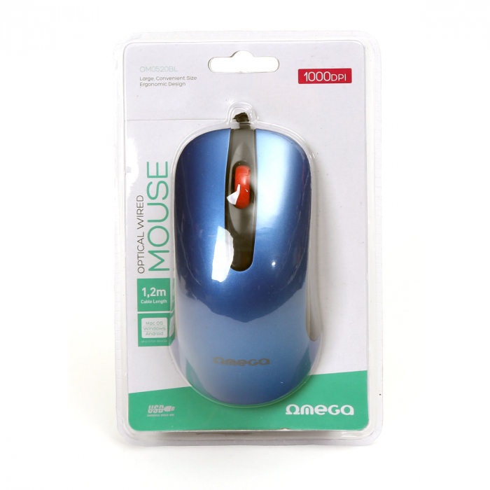 Mouse USB, Omega 45267 OM-520, cu cablu 1.2 m, 3 butoane, 1000 dpi, albastru cu negru [5]