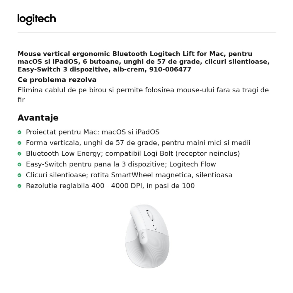 Mouse vertical ergonomic Bluetooth Logitech Lift for Mac, pentru macOS si iPadOS, 6 butoane, unghi de 57 de grade, clicuri silentioase, Easy-Switch 3 dispozitive, alb-crem, 910-006477 [2]