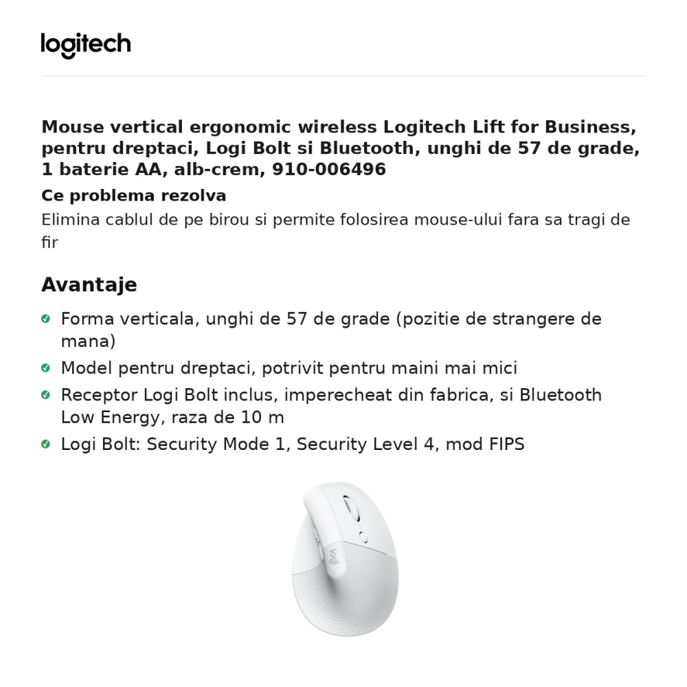 Mouse vertical ergonomic wireless Logitech Lift for Business, pentru dreptaci, Logi Bolt si Bluetooth, unghi de 57 de grade, 1 baterie AA, alb-crem, 910-006496 [2]