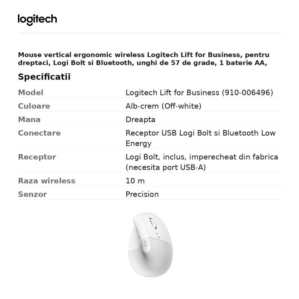 Mouse vertical ergonomic wireless Logitech Lift for Business, pentru dreptaci, Logi Bolt si Bluetooth, unghi de 57 de grade, 1 baterie AA, alb-crem, 910-006496 [3]