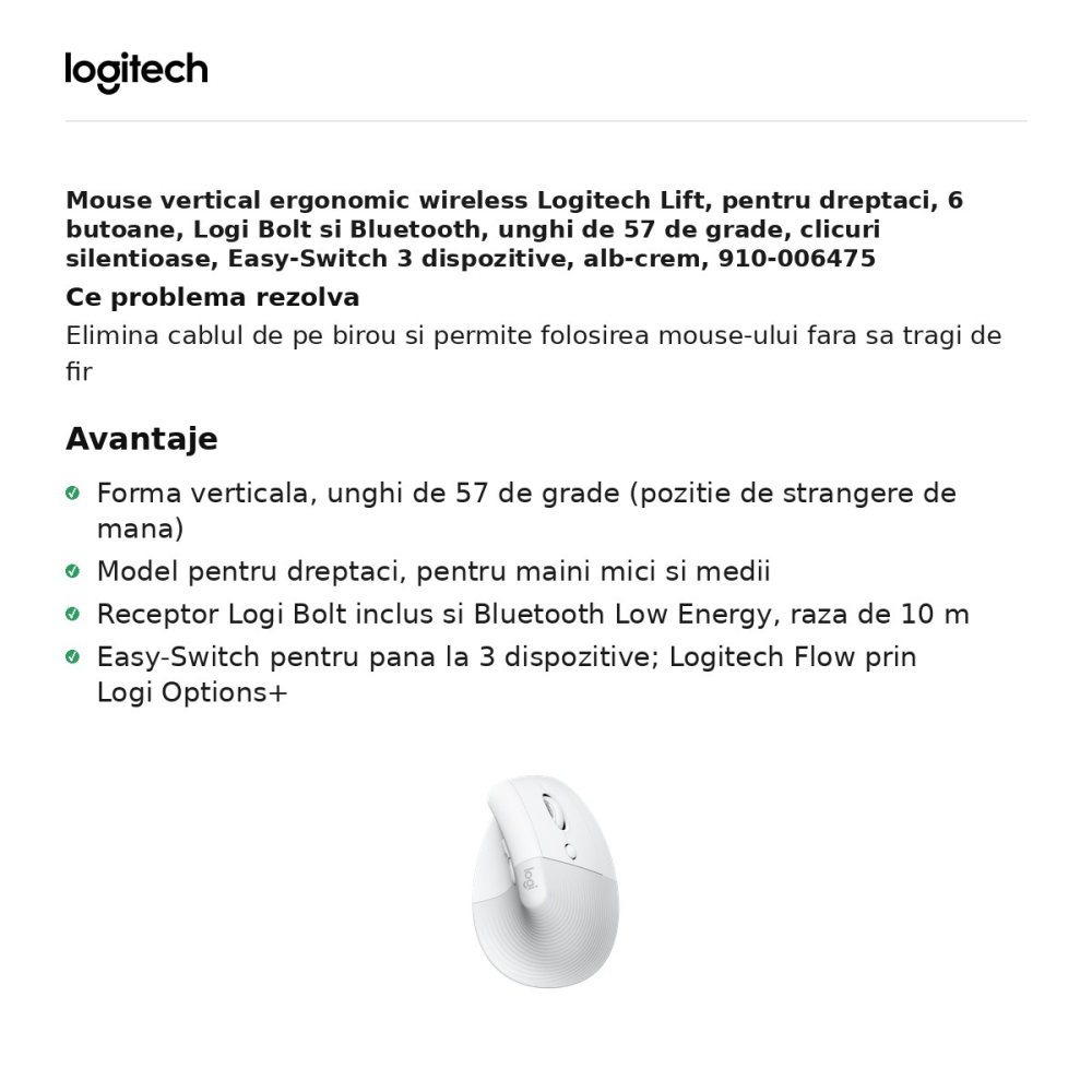 Mouse vertical ergonomic wireless Logitech Lift, pentru dreptaci, 6 butoane, Logi Bolt si Bluetooth, unghi de 57 de grade, clicuri silentioase, Easy-Switch 3 dispozitive, alb-crem, 910-006475 [2]