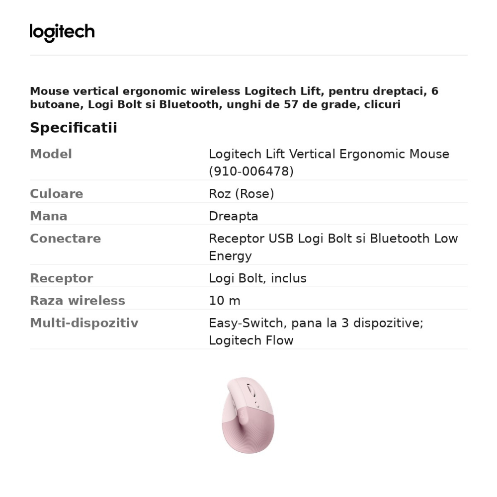 Mouse vertical ergonomic wireless Logitech Lift, pentru dreptaci, 6 butoane, Logi Bolt si Bluetooth, unghi de 57 de grade, clicuri silentioase, Easy-Switch 3 dispozitive, roz, 910-006478 [3]