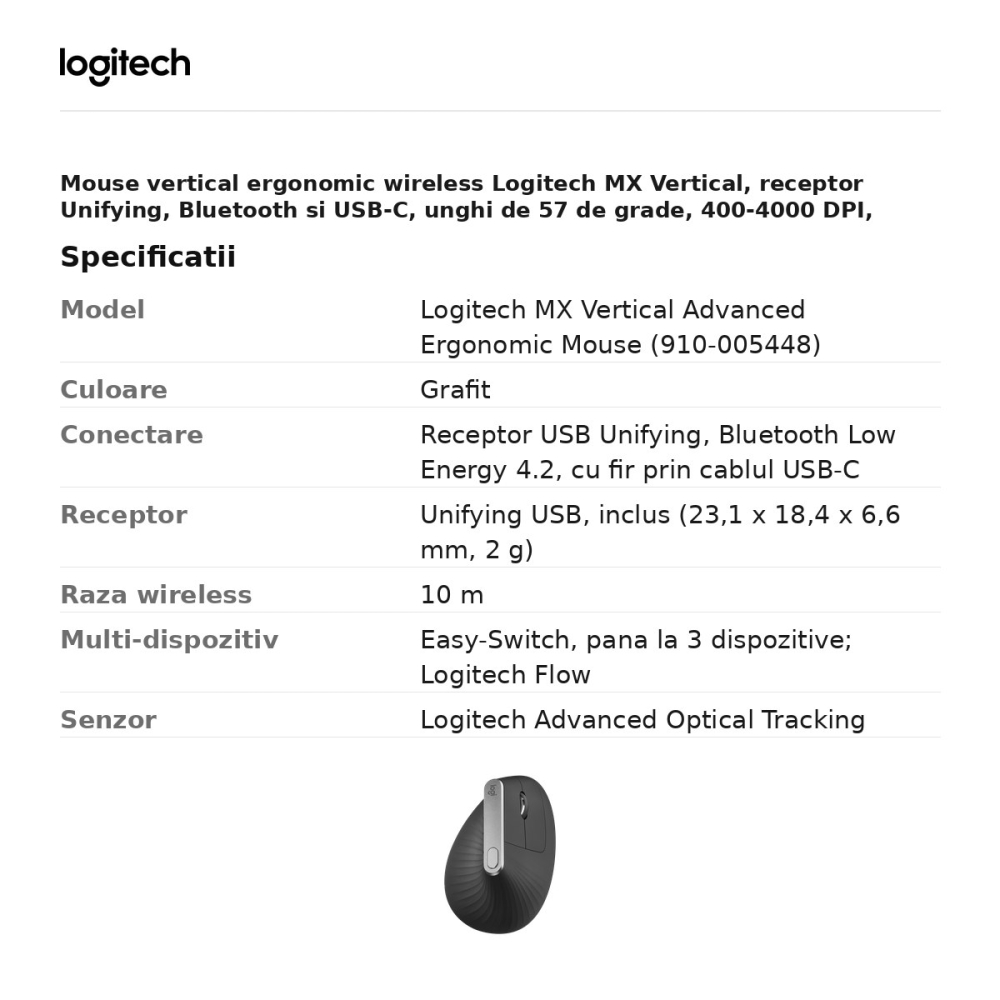 Mouse vertical ergonomic wireless Logitech MX Vertical, receptor Unifying, Bluetooth si USB-C, unghi de 57 de grade, 400-4000 DPI, acumulator, grafit, 910-005448 [3]