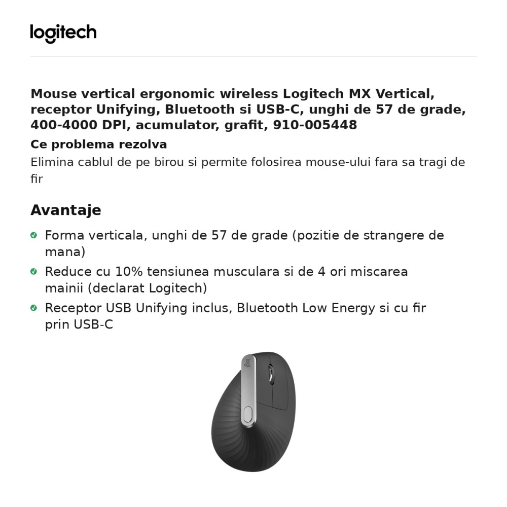 Mouse vertical ergonomic wireless Logitech MX Vertical, receptor Unifying, Bluetooth si USB-C, unghi de 57 de grade, 400-4000 DPI, acumulator, grafit, 910-005448 [2]