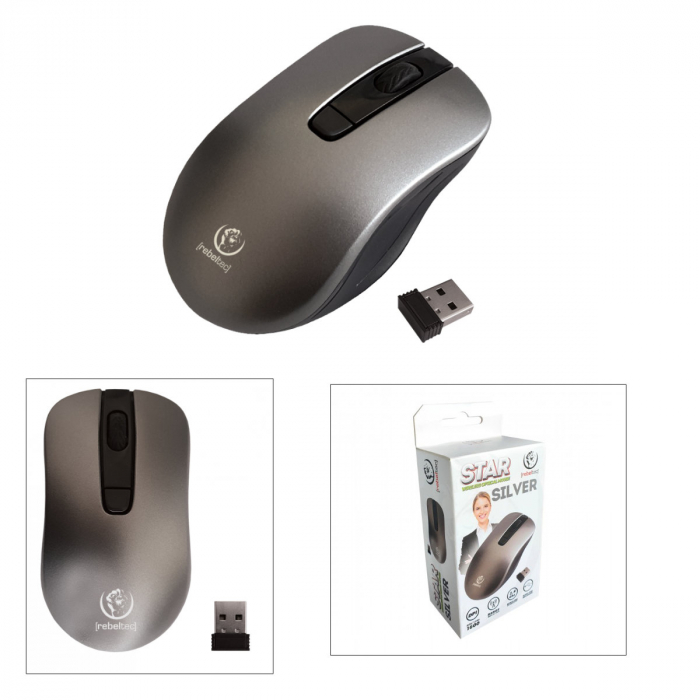 Mouse wireless 2.4 GHz cu receptor nano USB, Rebeltec Star, 800/1000/1600/ DPI, 4 butoane si scroll, 2 x AAA, gri [3]