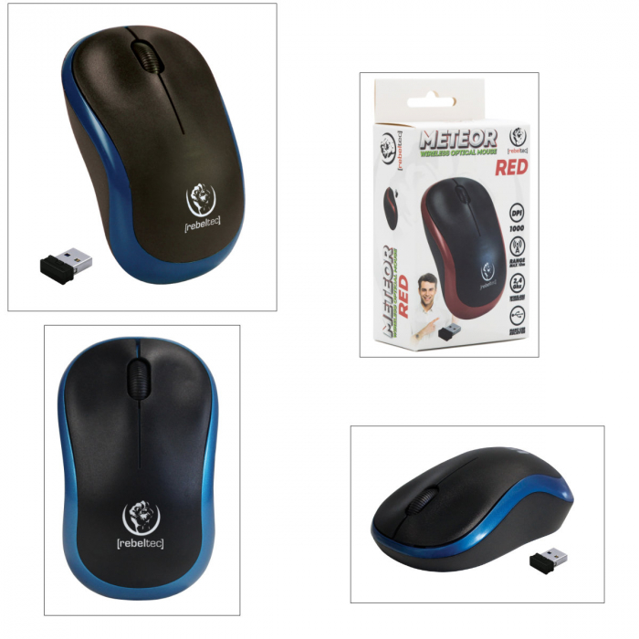 Mouse wireless 2.4 GHz cu receptor USB mini, Rebeltec Meteor, 1000 dpi, 3 butoane, 2 x AA, negru cu albastru [4]