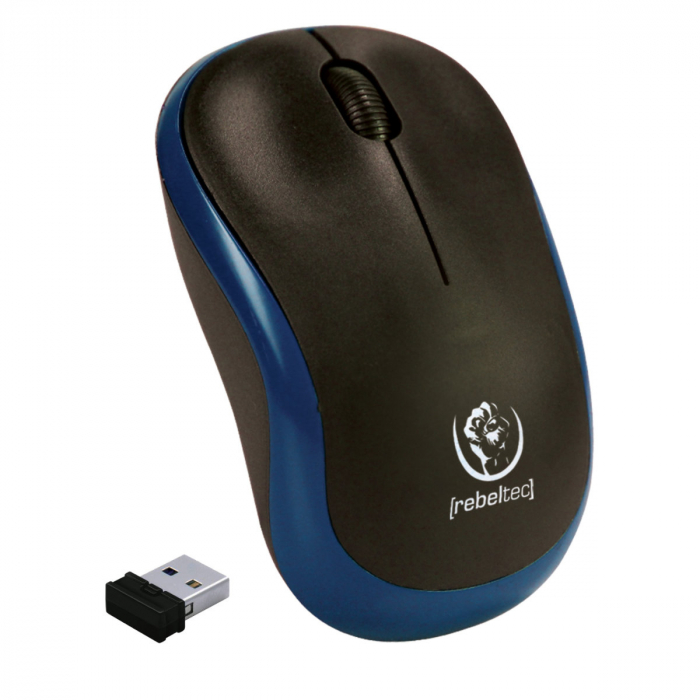 Mouse wireless 2.4 GHz cu receptor USB mini, Rebeltec Meteor, 1000 dpi, 3 butoane, 2 x AA, negru cu albastru [1]