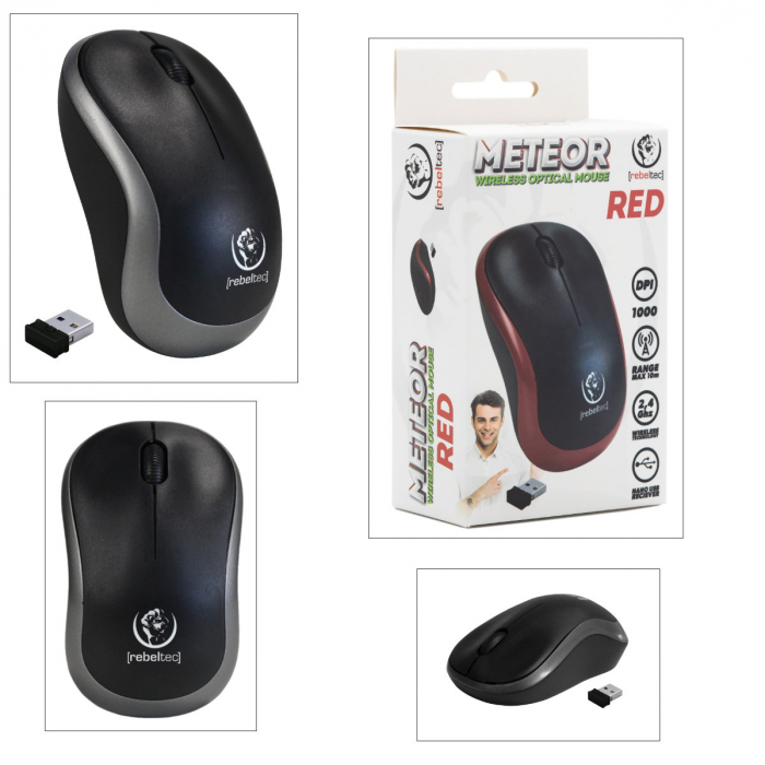 Mouse wireless 2.4 GHz cu receptor USB mini, Rebeltec Meteor, 1000 dpi, 3 butoane, 2 x AA, negru cu gri [4]