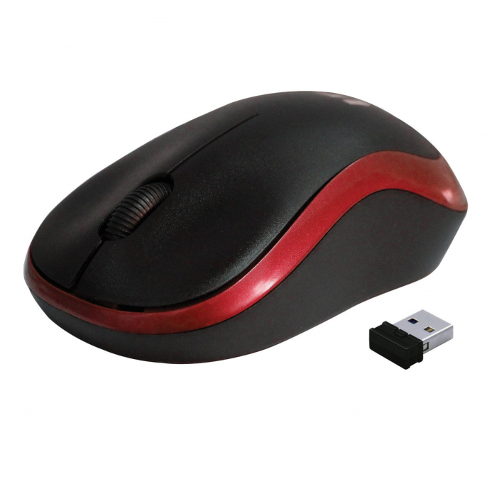 Mouse wireless 2.4 GHz cu receptor USB mini, Rebeltec Meteor, 1000 dpi, 3 butoane, 2 x AA, negru cu rosu [2]