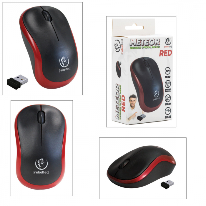 Mouse wireless 2.4 GHz cu receptor USB mini, Rebeltec Meteor, 1000 dpi, 3 butoane, 2 x AA, negru cu rosu [4]
