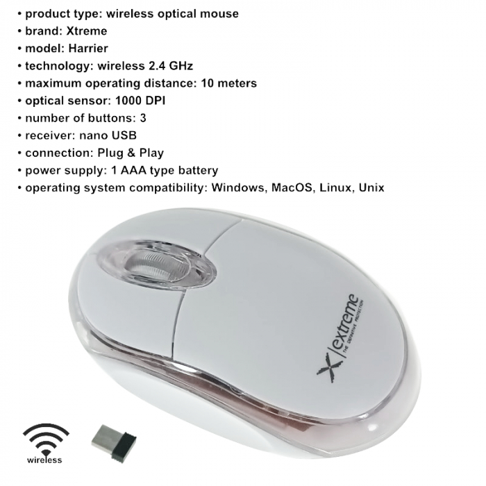 Mouse wireless 2.4 GHz, Xtreme Harrier, 1000 DPI, cu 3 butoane, 95 x 55 x 32 mm, receptor nano USB, alb [7]