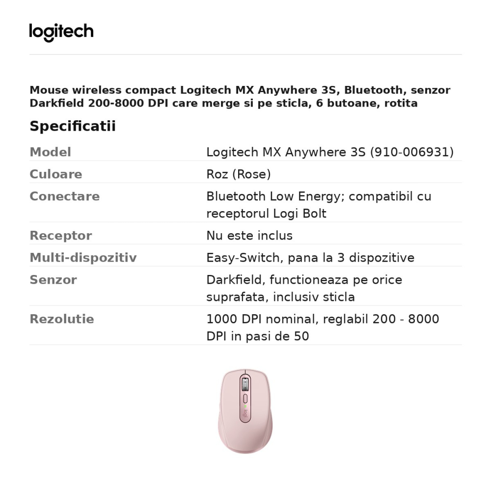 Mouse wireless compact Logitech MX Anywhere 3S, Bluetooth, senzor Darkfield 200-8000 DPI care merge si pe sticla, 6 butoane, rotita MagSpeed, acumulator USB-C, roz, 910-006931 [3]