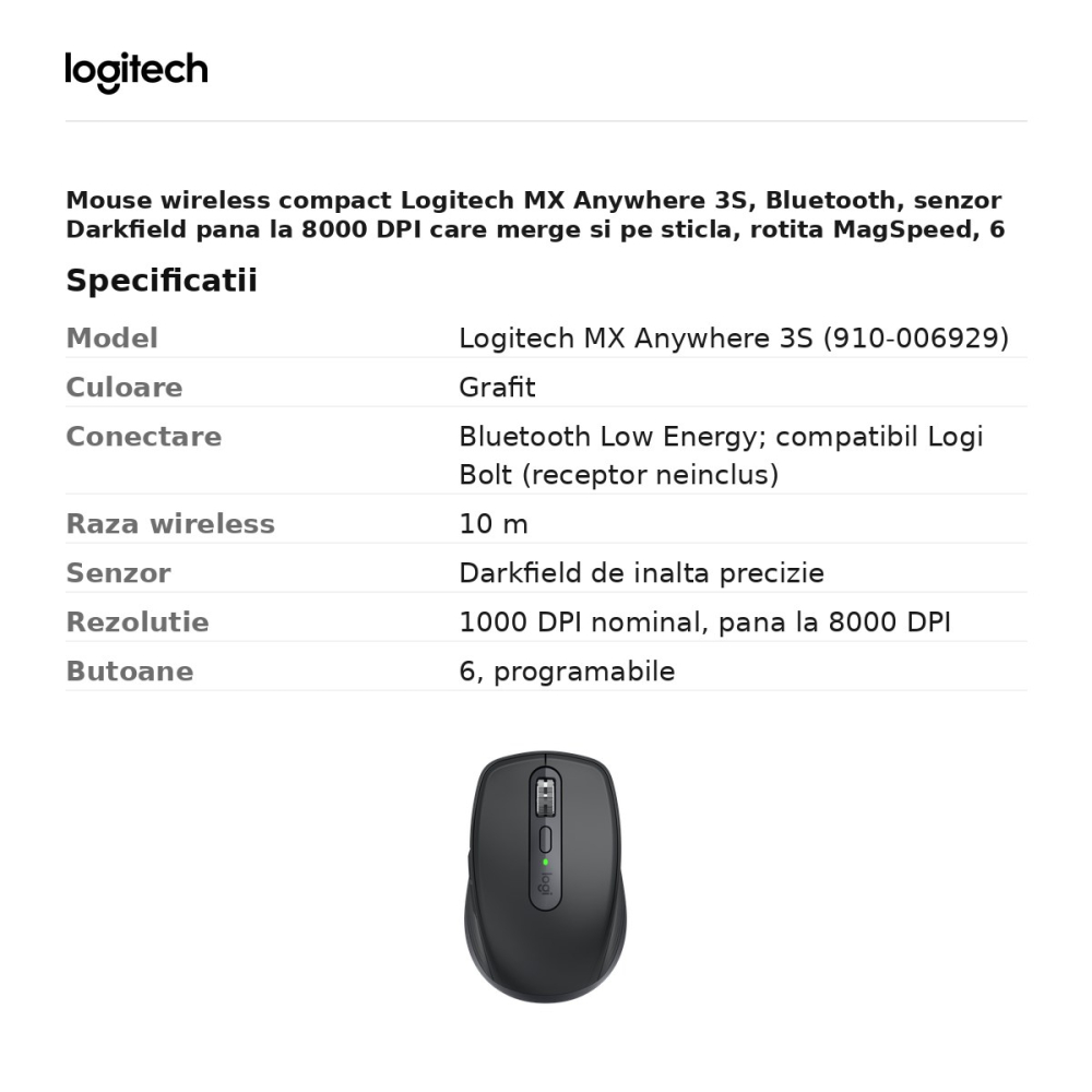 Mouse wireless compact Logitech MX Anywhere 3S, Bluetooth, senzor Darkfield pana la 8000 DPI, 6 butoane, rotita MagSpeed, clicuri silentioase, acumulator USB-C, gri grafit, 910-006929 [3]