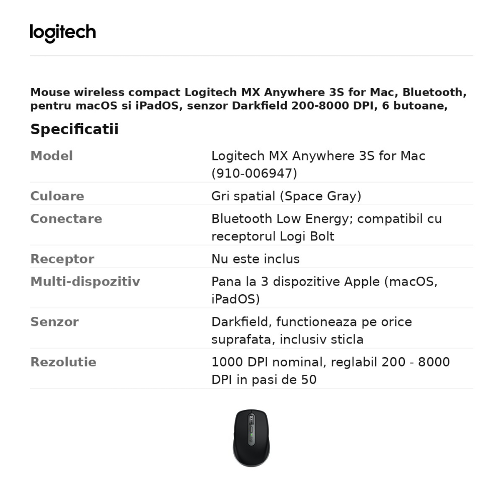 Mouse wireless compact Logitech MX Anywhere 3S for Mac, Bluetooth, pentru macOS si iPadOS, senzor Darkfield 200-8000 DPI, 6 butoane, rotita MagSpeed, gri spatial, 910-006947 [3]