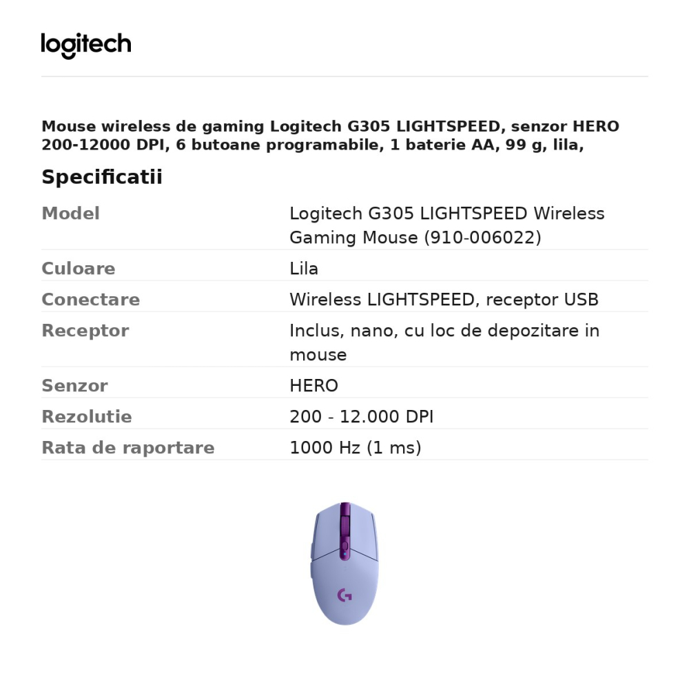 Mouse wireless de gaming Logitech G305 LIGHTSPEED, senzor HERO 200-12000 DPI, 6 butoane programabile, 1 baterie AA, 99 g, lila, 910-006022 [3]