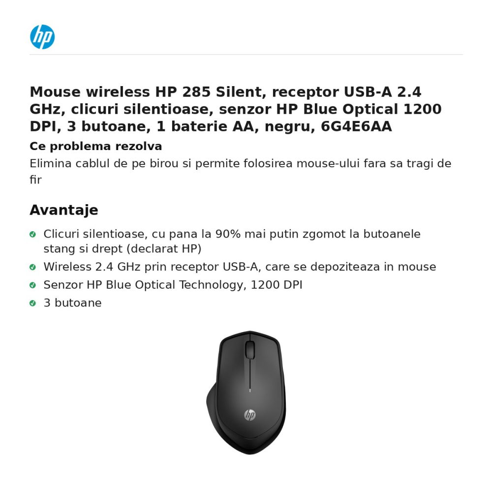 Mouse wireless HP 285 Silent, receptor USB-A 2.4 GHz, clicuri silentioase, senzor HP Blue Optical 1200 DPI, 3 butoane, 1 baterie AA, negru, 6G4E6AA [2]