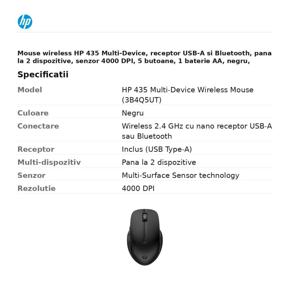 Mouse wireless HP 435 Multi-Device, receptor USB-A si Bluetooth, pana la 2 dispozitive, senzor 4000 DPI, 5 butoane, 1 baterie AA, negru, 3B4Q5UT [3]