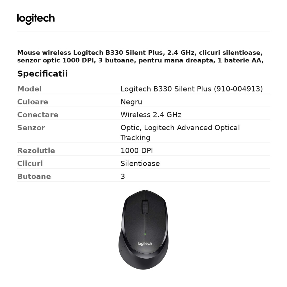 Mouse wireless Logitech B330 Silent Plus, 2.4 GHz, clicuri silentioase, senzor optic 1000 DPI, 3 butoane, pentru mana dreapta, 1 baterie AA, negru, 910-004913 [3]