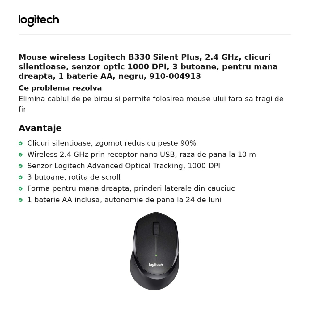 Mouse wireless Logitech B330 Silent Plus, 2.4 GHz, clicuri silentioase, senzor optic 1000 DPI, 3 butoane, pentru mana dreapta, 1 baterie AA, negru, 910-004913 [2]
