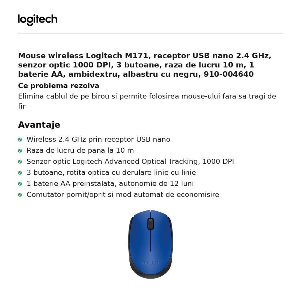 Mouse wireless Logitech M171, receptor USB nano 2.4 GHz, senzor optic 1000 DPI, 3 butoane, raza de lucru 10 m, 1 baterie AA, ambidextru, albastru cu negru, 910-004640 [2]