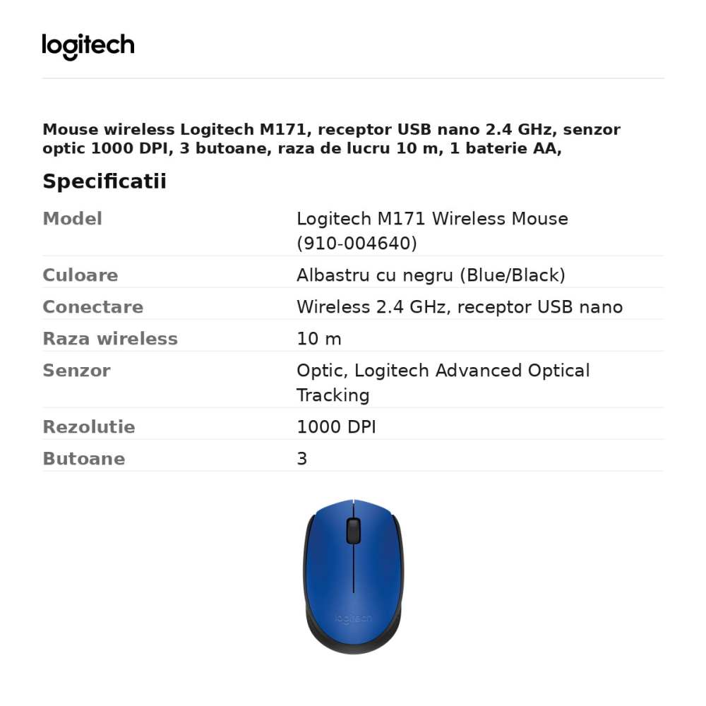 Mouse wireless Logitech M171, receptor USB nano 2.4 GHz, senzor optic 1000 DPI, 3 butoane, raza de lucru 10 m, 1 baterie AA, ambidextru, albastru cu negru, 910-004640 [3]