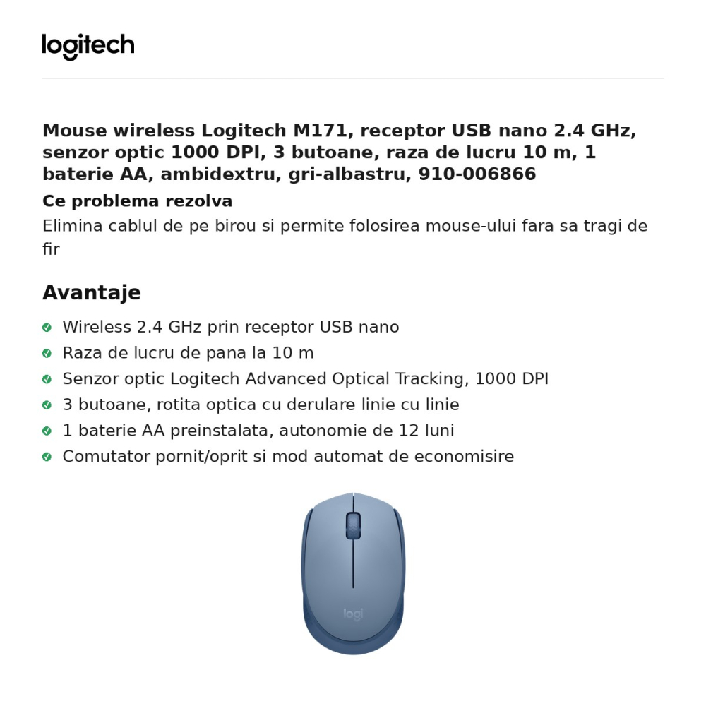 Mouse wireless Logitech M171, receptor USB nano 2.4 GHz, senzor optic 1000 DPI, 3 butoane, raza de lucru 10 m, 1 baterie AA, ambidextru, gri-albastru, 910-006866 [2]