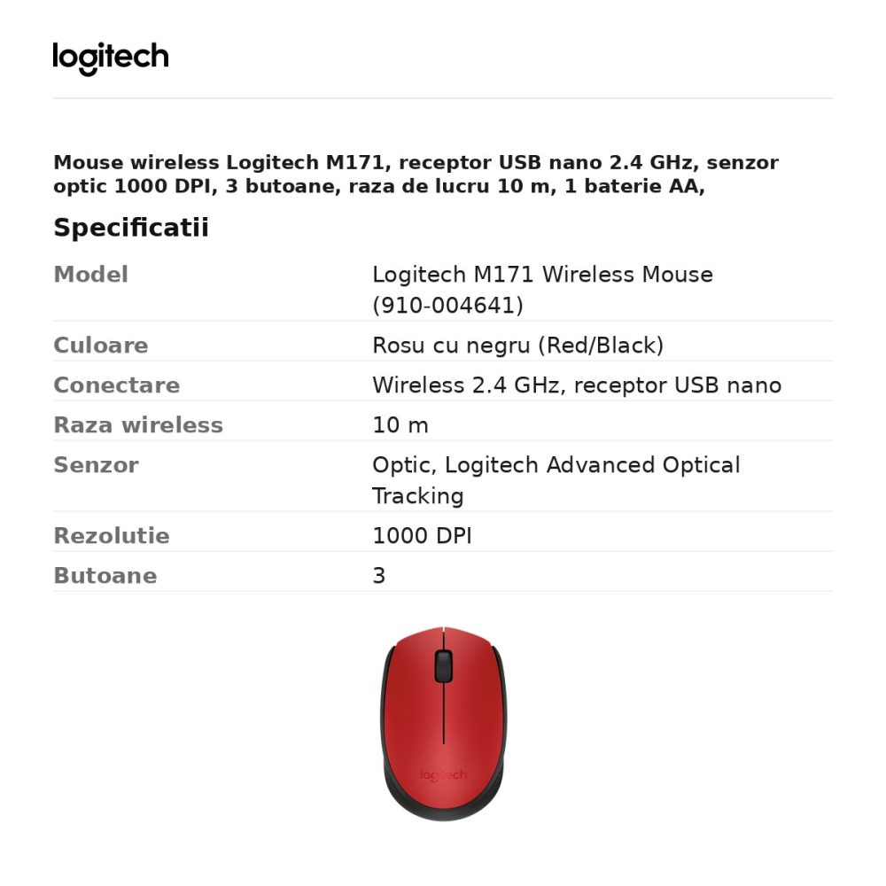 Mouse wireless Logitech M171, receptor USB nano 2.4 GHz, senzor optic 1000 DPI, 3 butoane, raza de lucru 10 m, 1 baterie AA, ambidextru, rosu cu negru, 910-004641 [3]