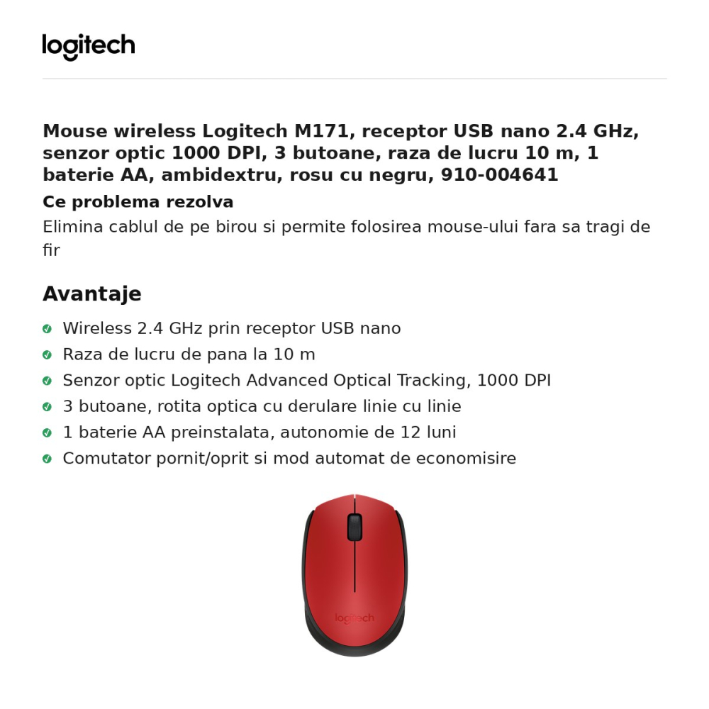 Mouse wireless Logitech M171, receptor USB nano 2.4 GHz, senzor optic 1000 DPI, 3 butoane, raza de lucru 10 m, 1 baterie AA, ambidextru, rosu cu negru, 910-004641 [2]