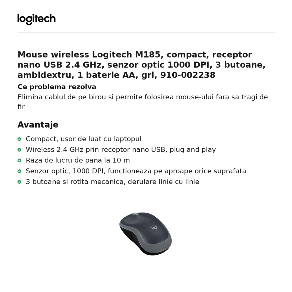 Mouse wireless Logitech M185, compact, receptor nano USB 2.4 GHz, senzor optic 1000 DPI, 3 butoane, ambidextru, 1 baterie AA, gri, 910-002238 [2]