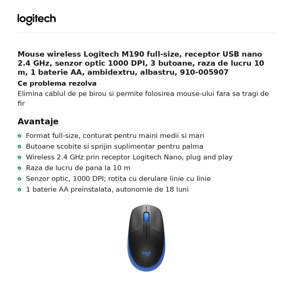 Mouse wireless Logitech M190 full-size, receptor USB nano 2.4 GHz, senzor optic 1000 DPI, 3 butoane, raza de lucru 10 m, 1 baterie AA, ambidextru, albastru, 910-005907 [2]