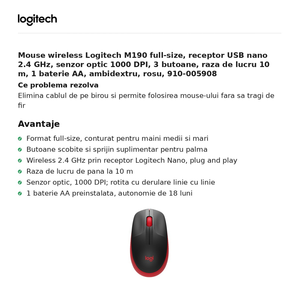 Mouse wireless Logitech M190 full-size, receptor USB nano 2.4 GHz, senzor optic 1000 DPI, 3 butoane, raza de lucru 10 m, 1 baterie AA, ambidextru, rosu, 910-005908 [2]