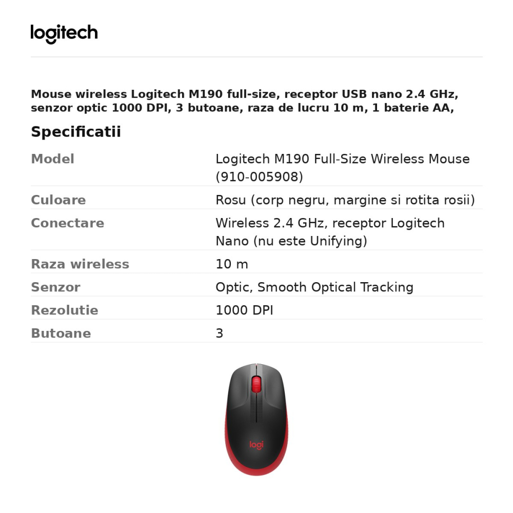 Mouse wireless Logitech M190 full-size, receptor USB nano 2.4 GHz, senzor optic 1000 DPI, 3 butoane, raza de lucru 10 m, 1 baterie AA, ambidextru, rosu, 910-005908 [3]