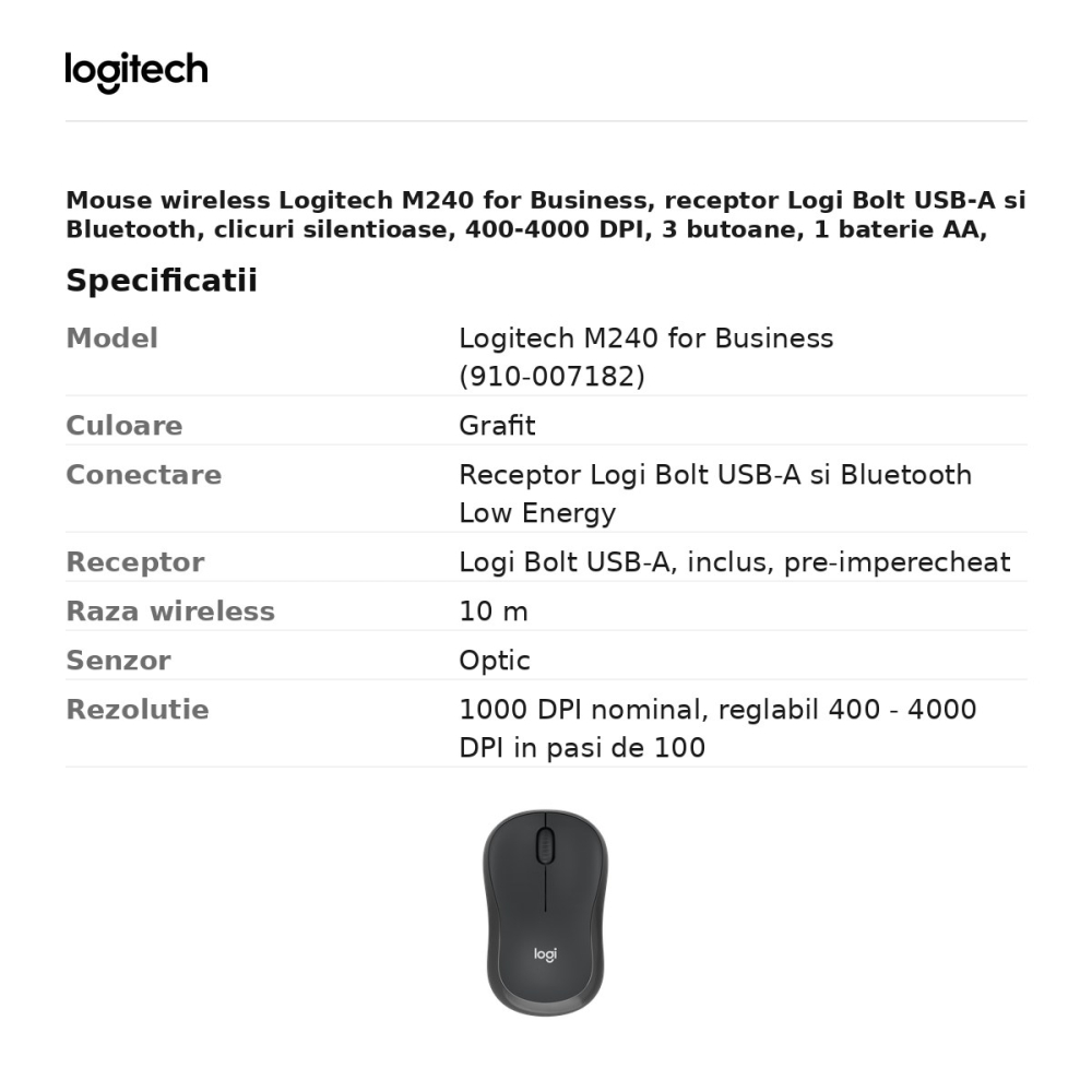 Mouse wireless Logitech M240 for Business, receptor Logi Bolt USB-A si Bluetooth, clicuri silentioase, 400-4000 DPI, 3 butoane, 1 baterie AA, grafit, 910-007182 [3]