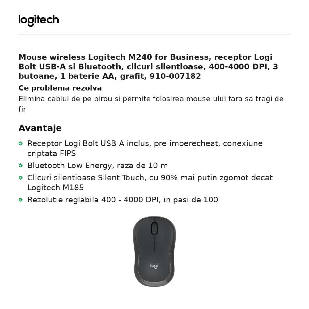 Mouse wireless Logitech M240 for Business, receptor Logi Bolt USB-A si Bluetooth, clicuri silentioase, 400-4000 DPI, 3 butoane, 1 baterie AA, grafit, 910-007182 [2]