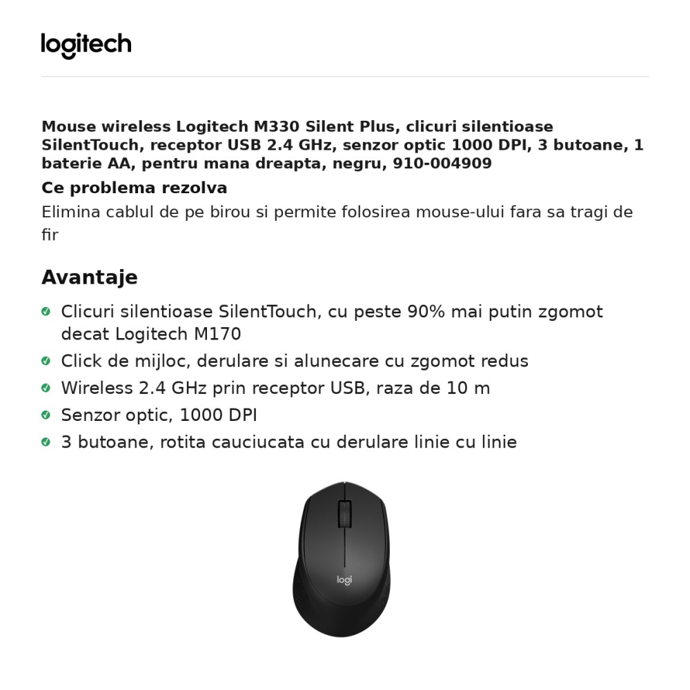 Mouse wireless Logitech M330 Silent Plus, clicuri silentioase SilentTouch, receptor USB 2.4 GHz, senzor optic 1000 DPI, 3 butoane, 1 baterie AA, pentru mana dreapta, negru, 910-004909 [2]