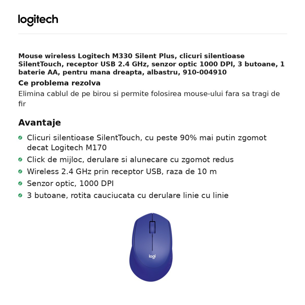 Mouse wireless Logitech M330 Silent Plus, clicuri silentioase SilentTouch, receptor USB 2.4 GHz, senzor optic 1000 DPI, 3 butoane, 1 baterie AA, pentru mana dreapta, albastru, 910-004910 [2]