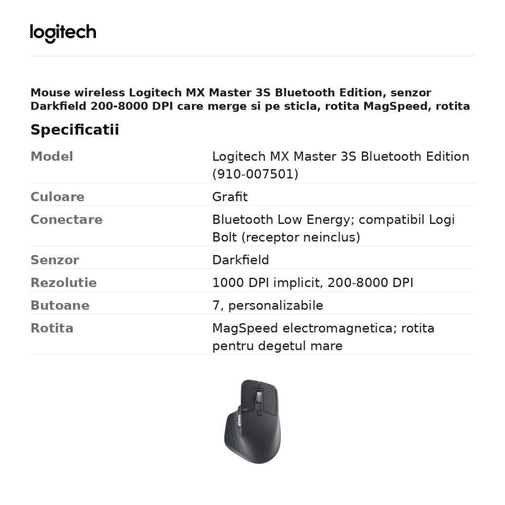 Mouse wireless Logitech MX Master 3S Bluetooth Edition, senzor Darkfield 200-8000 DPI care merge si pe sticla, 7 butoane, rotita MagSpeed, clicuri silentioase, acumulator USB-C, gri grafit, 910-007501 [3]