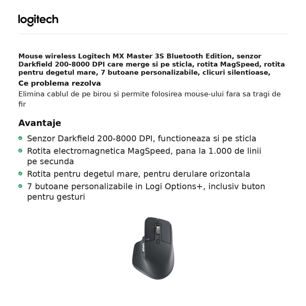 Mouse wireless Logitech MX Master 3S Bluetooth Edition, senzor Darkfield 200-8000 DPI care merge si pe sticla, 7 butoane, rotita MagSpeed, clicuri silentioase, acumulator USB-C, gri grafit, 910-007501 [2]