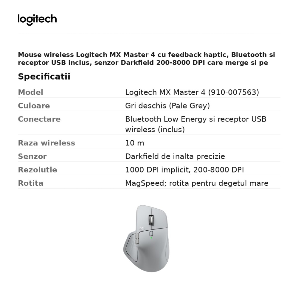 Mouse wireless Logitech MX Master 4 cu feedback haptic, Bluetooth si receptor USB inclus, senzor Darkfield 200-8000 DPI, 8 butoane, rotita MagSpeed, Actions Ring, gri deschis, 910-007563 [3]