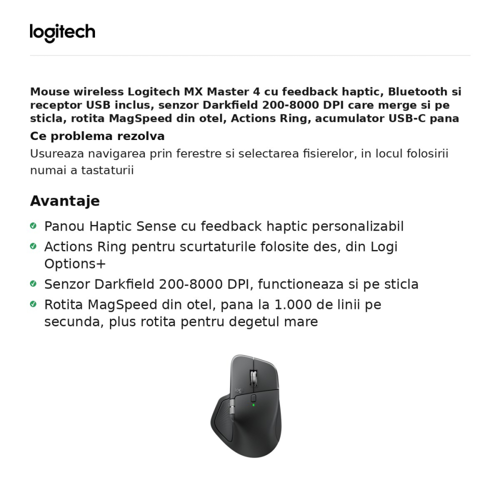 Mouse wireless Logitech MX Master 4 cu feedback haptic, Bluetooth si receptor USB inclus, senzor Darkfield 200-8000 DPI, 8 butoane, rotita MagSpeed, Actions Ring, gri grafit, 910-007562 [2]