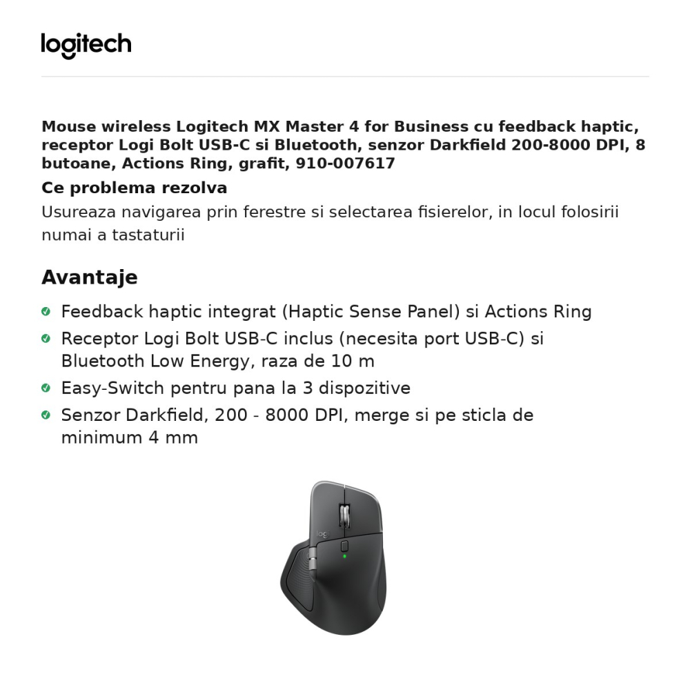 Mouse wireless Logitech MX Master 4 for Business cu feedback haptic, receptor Logi Bolt USB-C si Bluetooth, senzor Darkfield 200-8000 DPI, 8 butoane, Actions Ring, grafit, 910-007617 [2]