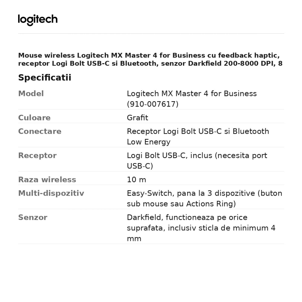 Mouse wireless Logitech MX Master 4 for Business cu feedback haptic, receptor Logi Bolt USB-C si Bluetooth, senzor Darkfield 200-8000 DPI, 8 butoane, Actions Ring, grafit, 910-007617 [3]