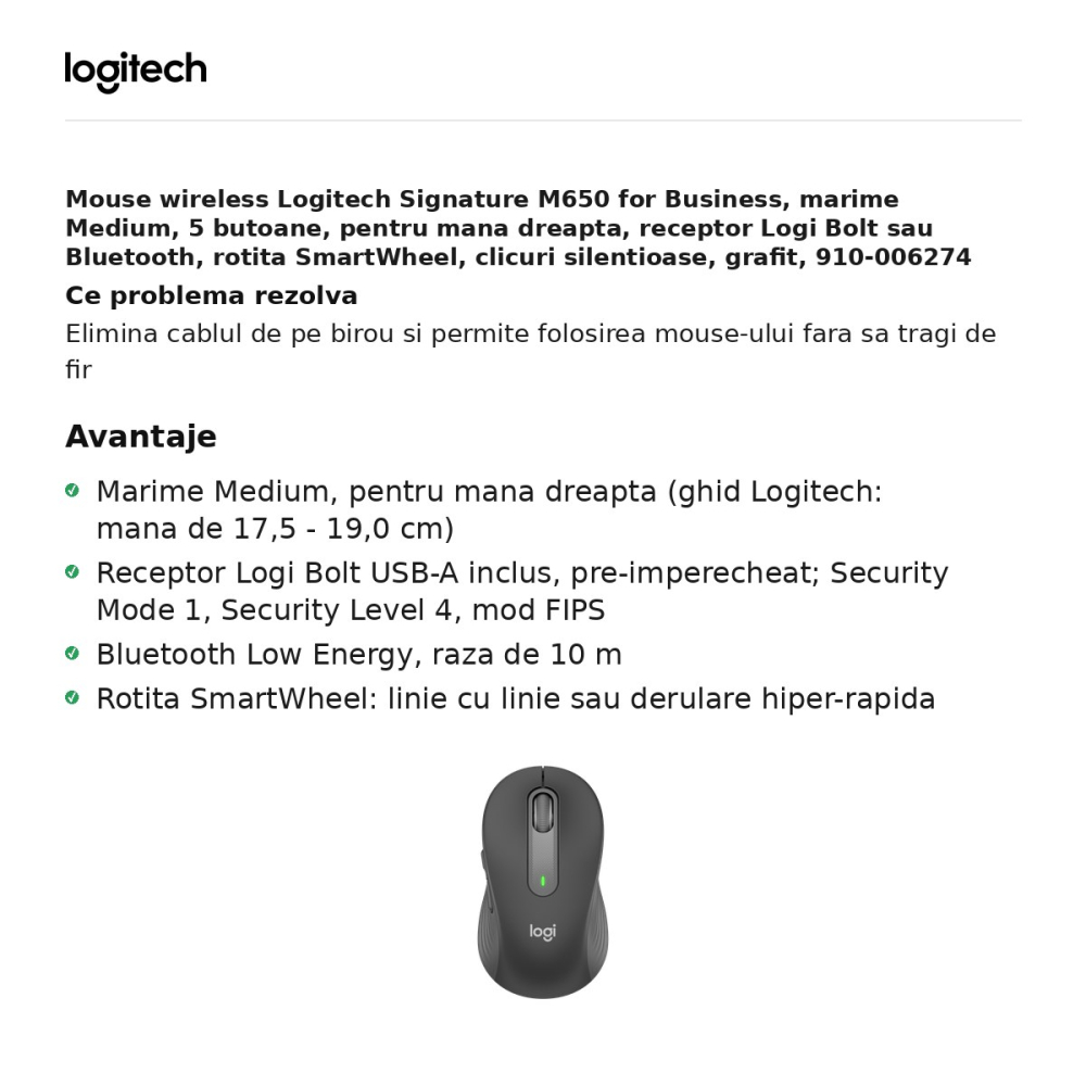 Mouse wireless Logitech Signature M650 for Business, marime Medium, 5 butoane, pentru mana dreapta, receptor Logi Bolt sau Bluetooth, rotita SmartWheel, clicuri silentioase, grafit, 910-006274 [2]